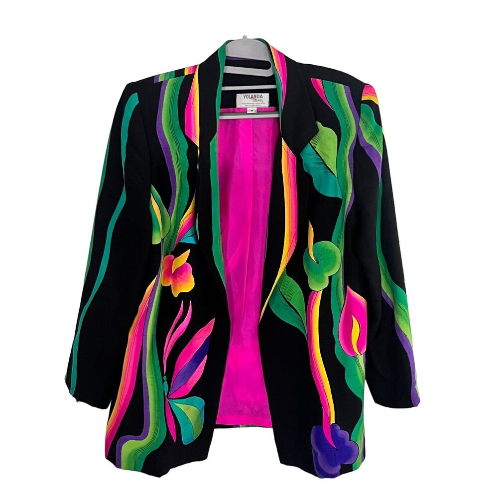 Yolanda Lorente Hand Painted 100% Silk Blazer •M• Butterfly Floral Jacket Black